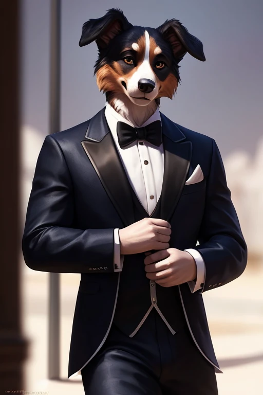 (by pixelsketcher:0.6), (by personalami :0.6), solo,male,  collie,detailed background, (cinematic lighting:1.1), (perfect focus:1.1), 8k hd, photo, (detailed eyes:1.2),depth of field, bokeh, subsurface scattering, wide ,(suit, tuxedo, elegant suit),upper t...