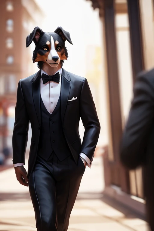 (by pixelsketcher:0.6), (by personalami :0.6), solo,male,  collie,detailed background, (cinematic lighting:1.1), (perfect focus:1.1), 8k hd, photo, (detailed eyes:1.2),depth of field, bokeh, subsurface scattering, wide ,(suit, tuxedo, elegant suit),upper t...