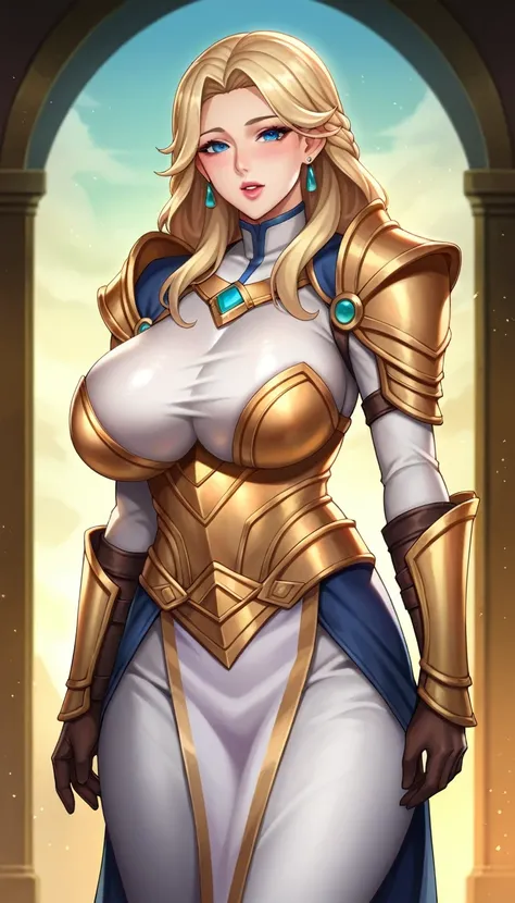 score_9, score_8_up, score_7_up, score_6_up, BREAK, source_anime, cowboy shot, 1girl, solo, female mature, looking at viewer, exquisite face, blue eyes, blonde hair, long hair, huge breasts, BREAK, great paladin, paladin armor, intricate details, on monast...