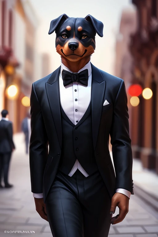 (by pixelsketcher:0.6), (by personalami :0.6), solo,male,  rottweiler,detailed background, (cinematic lighting:1.1), (perfect focus:1.1), 8k hd, photo, (detailed eyes:1.2),depth of field, bokeh, subsurface scattering, wide ,(suit, tuxedo, elegant suit),upp...