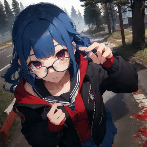 1 female, teenage girl, blue hair, curly hair, red eyes, thick legs, black jacket, school uniform blue skirt, black glove, fingerless, glasses, freckles, dark sky, red sky, dead trees, dead flowers, dead animals, shock face