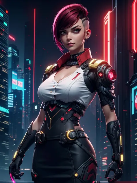 cyberpunk Corpo Woman ,in red shirt with white collar red skirt!, female with black short army trimmed hair, cybernetic face enhancement, Xtreme, breasts, medium breasts, open white shirt with gold collar, cyberpunk corpo siut, side trimmed mohawk ,in corp...