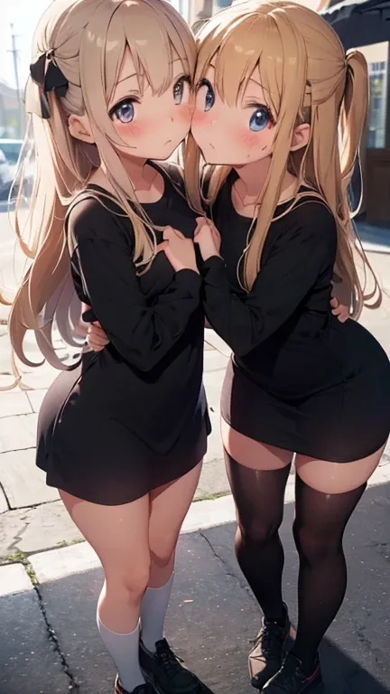 Light and shadow tracing full body image，A girl with a perfect figure， two identical twins，Blushing and shy,short minidress，Tight clothing，outdoor，kiss，Sweating, twin girls, huging each other, (Kiss in the cheek), milky blonde hair with fringe, long hair