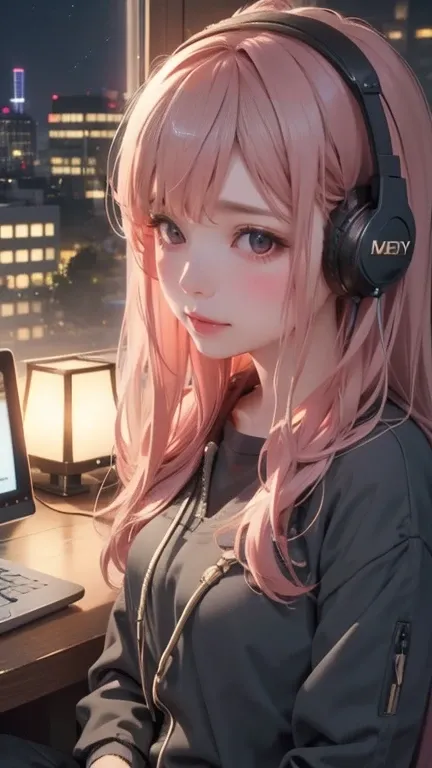 Girl listening to music in cozy room at night, Use headphones, 2D style animation, Low Fidelity, Hard Drive, Dark environment, Zoom in on her girl