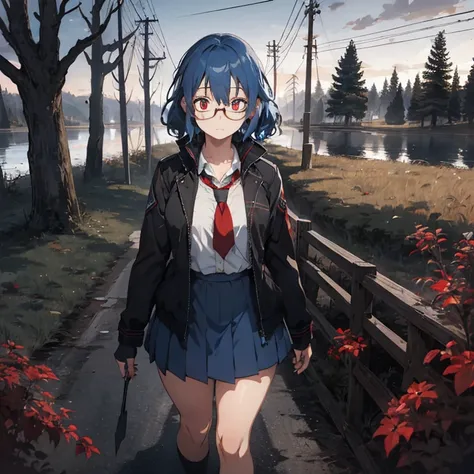 1 female, teenage girl, blue hair, curly hair, red eyes, thick legs, black jacket, school uniform blue skirt, black glove, fingerless, glasses, freckles, dark sky, red sky, dead trees, dead flowers, dead animals, sad face