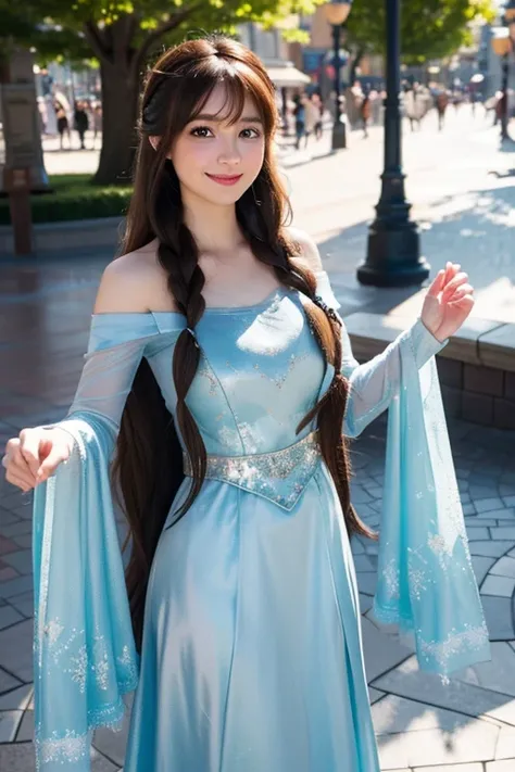 High resolution, Long Hair, bangs, Brown Hair、、Frozen、Elsa Cosplay、smile, Disneyland、Disney Princesses、