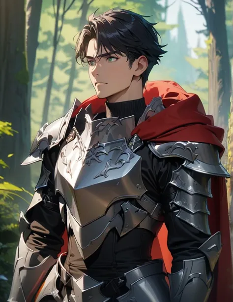 1 guy, grown up guy, black hair, Green eyes, black turtleneck, grey knight armor, red cloak, forest background,  (best quality,4K,High resolution,masterpiece:1.2),super detailed, bright colors, cinematic
