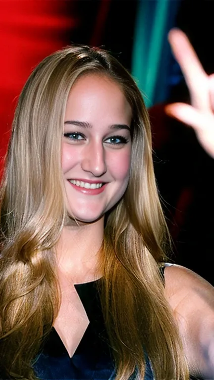 faithful image of Leelee Sobieski with long blonde hair, beautiful and bright blue eyes, smiling and pointing finger at the camera, wearing red dress, black background