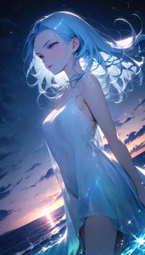 ((Beautiful sea))), Night, ((Undine))), ((Sparkling and beautiful)), ((Blue hair)), (Long hair)