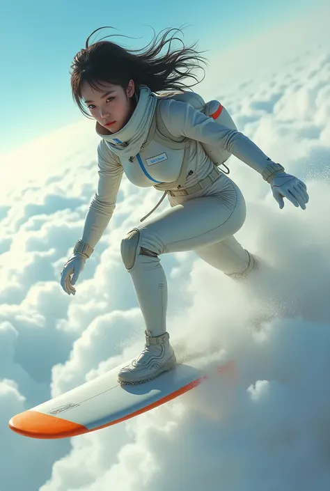 Photorealistic, Ultra-realistic, solo、Very beautiful Japanese futuristic soldier, Off-white and light blue tight pilot suit、Famous Japanese Idols,2, Dramatic scene, masterpiece、Beautiful Eyes、Surfing above the clouds at high altitude、White and orange surfb...