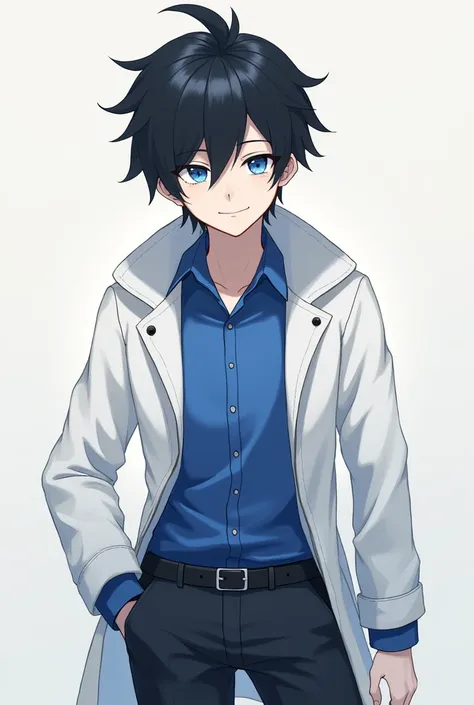 1boy, Esso Ekko, Black Hair, blue Eye, Blue Shirt, jacket White, Full body,