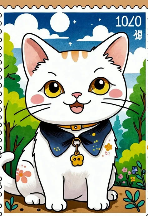 a close up of a cat with a collar on a postage stamp, Kawaii cat, a Cute cat, anime visual of a Cute cat, cat detailed, Coloring Pages, Anime cat, cat in the forest, Cute cat, stamp, Cat illustration, Added details, The cat is smiling, A painting of a cat,...