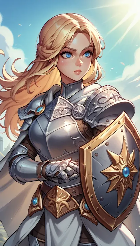 score_9, score_8_up, score_7_up, score_6_up, score_5_up, score_4_up, 1girl, solo, long hair, blonde hair, blue eyes, female knight, female paladin, silver armor, intricate knight armor, embroidered armor marks, white cape, cape behind character, carrying a...