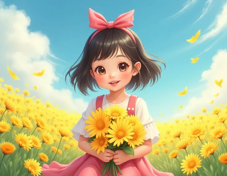 A young Asian girl is smiling and looking at the camera. She is sitting in a field of yellow flowers. The girl is holding a bunch of yellow daisies in her hand. She has a pink bow in her hair. The sky is blue and white.