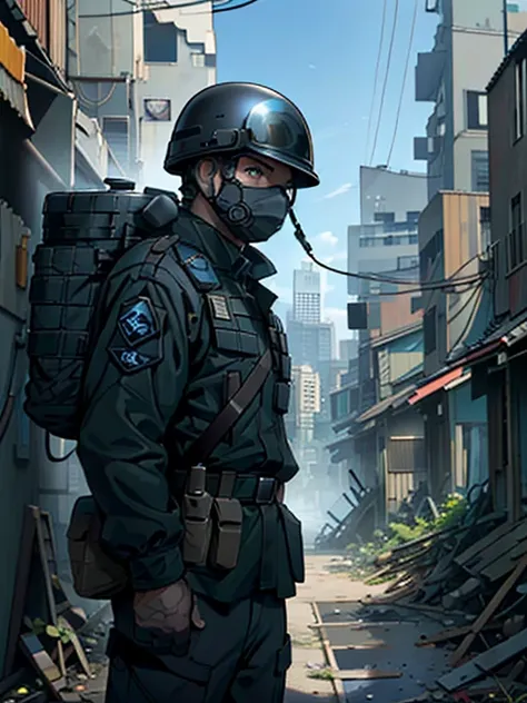 A strong young man with short brown hair and blue eyes. Wearing a black tactical uniform with an urban camouflage. Wearing a face mask and a tactical helmet. Ruined city