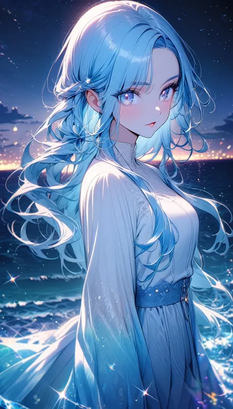 ((Beautiful sea))), Night, ((Undine))), ((Sparkling and beautiful)), ((Blue hair)), (Long hair)