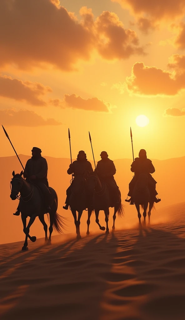 Silhouettes of four caliphs in the desert, they were friends of the prophet Muhammad, bravely riding horses, some standing, carrying swords, arrows and spears.The setting is Mecca and Medina in the past, 575 AD. Very high level lighting detail, with ray tr...