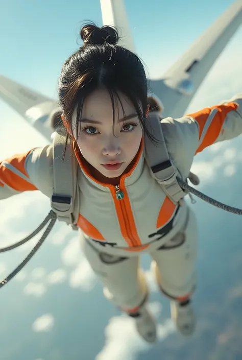 Photorealistic, Ultra-realistic, solo、Very beautiful Japanese futuristic soldier, Off-white and orange tight pilot suit、Famous Japanese Idols,2, Dramatic scene, masterpiece、Beautiful Eyes、Flying freely in the sky at high altitudes, holding an iron handle a...