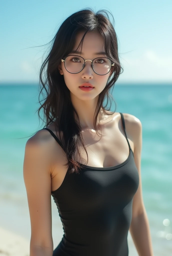 (Best quality, 8k, 32k, Masterpiece, UHD:1.2), realistic photo, a Japanese woman, wearing eyeglasses, black leotard, looking at the camera, standing in ocean, whole body shot, detailed face and body, natural lighting, high resolution, photorealistic, 32mm,...