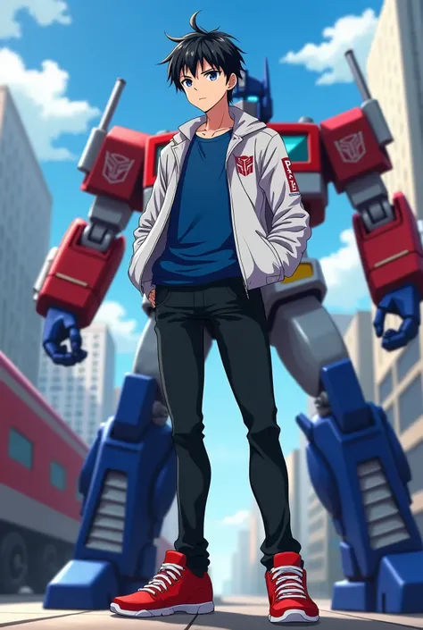 1male, Esso Ekko, black hair, blue eyes, blue shirt, white autobot jacket, black jeans, red shoes, full body, anime, city background with train, Optimus Prime, highly detailed, 8k, photorealistic, hyper realistic, studio lighting, physically-based renderin...