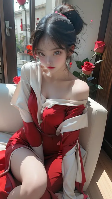 (wearing a long red  dress、red roses were blooming。 、Off-shoulder_Dress,:1.3),(side slits:1.1 )、masutepiece, Best Quality, Illustration, Ultra-detailed, finely detail, hight resolution, 8K Wallpaper, Perfect dynamic composition, Beautiful detailed eyes, Wo...