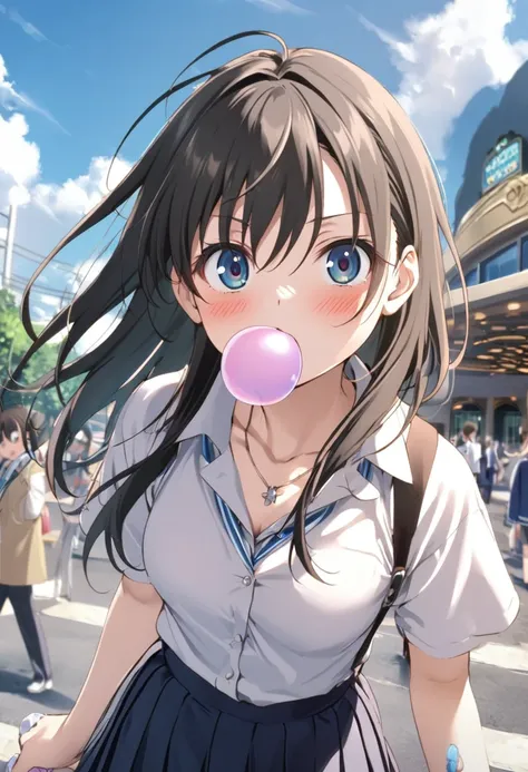 1girl,sincos, ningen mame, toosaka asagi,solo,medium breasts,20yo,school,pleated skirt, shirt and tie, tiniy motifs necklace, bubble blowing, bubble pipe in her hand, surprised expression, frontal view, outdoors, day, sky, looking up, long brunette hair, b...