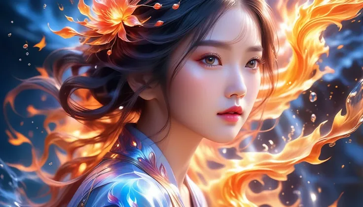 A Visionary Masterpiece In 32K Resolution, Exquisite Quality, Ultra-Detailed, Breathtaking Digital Creation, Artistic And Elegant, Extreme Highres 32K Digital Art, Fluid Motion, Intricate Patterns. A Girl With Flames And Cascading Water In Her Hair, Stunni...