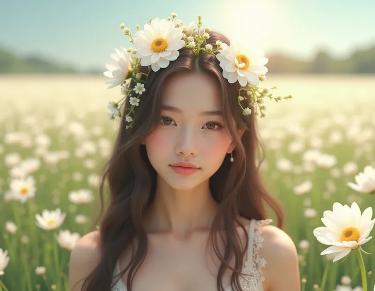 A beautiful 20-year-old girl with long coke-colored hair, smooth white skin, a sweet face, a beautiful smile, wearing a sweet white dress, wearing a flower crown, in the middle of a field of white flowers.