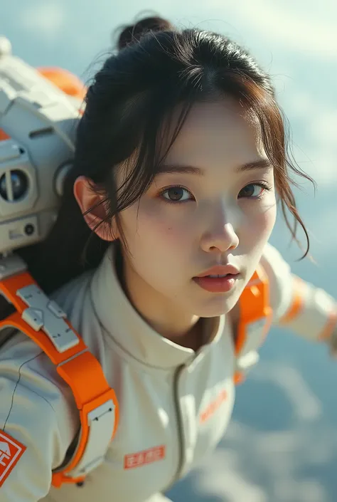 Photorealistic, Ultra-realistic, solo、Very beautiful Japanese futuristic soldier, Off-white and orange tight pilot suit、Famous Japanese Idols,2, Dramatic scene, masterpiece、Beautiful Eyes、Fly freely through the sky with a flying unit attached to your back....