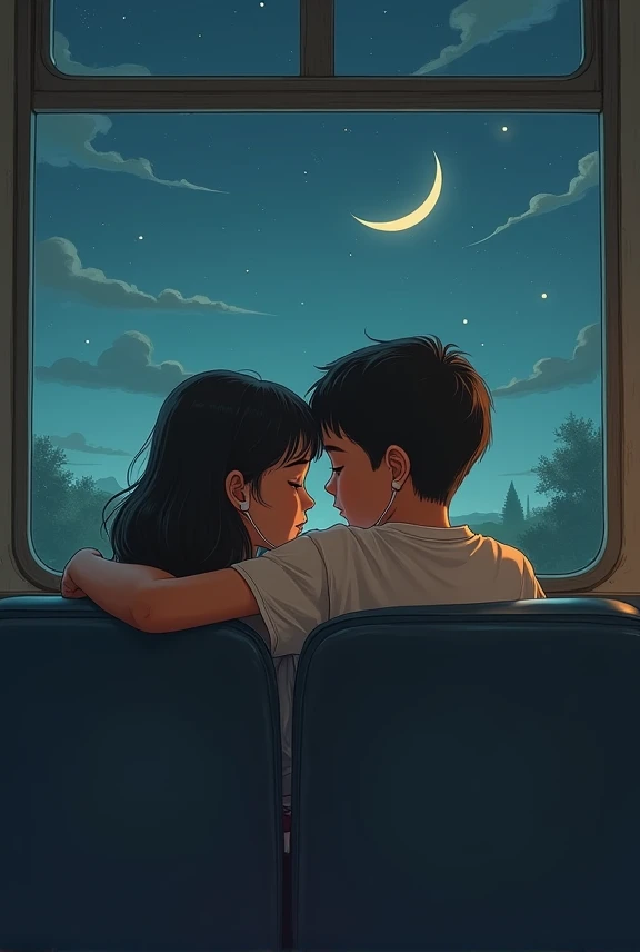 A girl and boy sharing earbuds while riding a bus at night with cresecent moon outside