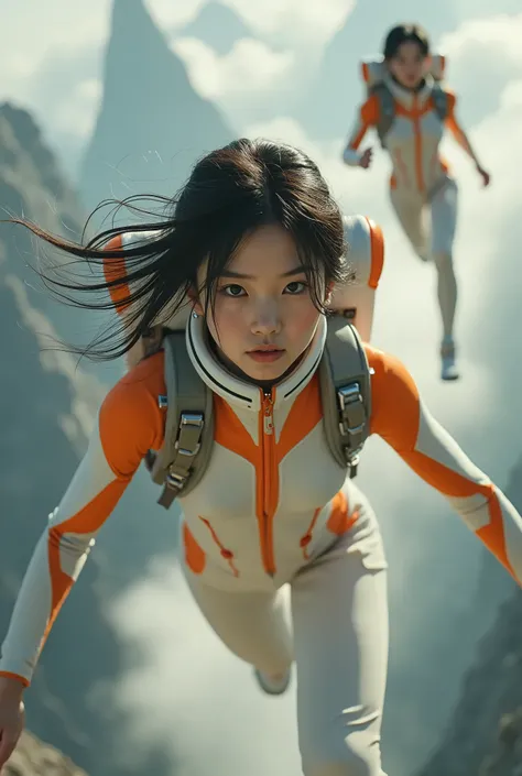 Photorealistic, Ultra-realistic, solo、Very beautiful Japanese futuristic soldier, Off-white and orange tight pilot suit、Famous Japanese Idols,2, Dramatic scene, masterpiece、Beautiful Eyes、Fly freely through the sky with a flying unit attached to your back....