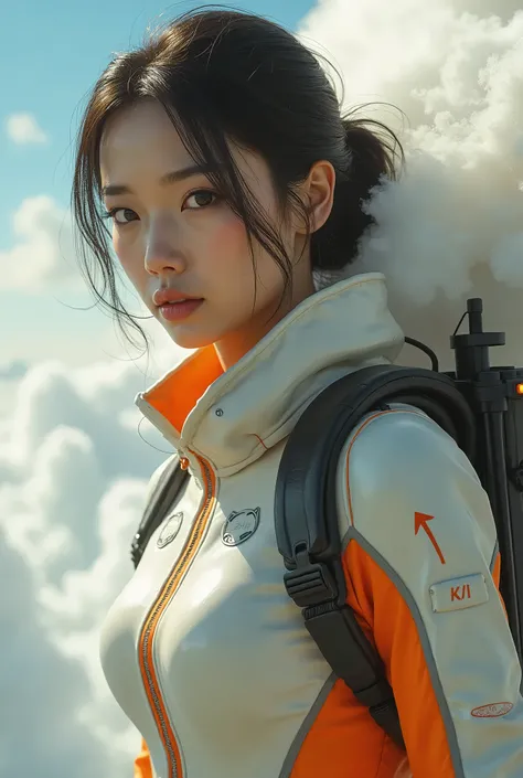 Photorealistic, Ultra-realistic, solo、Very beautiful Japanese futuristic soldier, Off-white and orange tight pilot suit、Famous Japanese Idols,2, Dramatic scene, masterpiece、Beautiful Eyes、profile、Fly freely through the sky with a flying unit attached to yo...