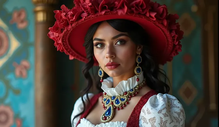 Paraguay as a guarani Gothic model in carmine red, white and blue. intricated brocado and lace costume. Victorian Goth scene