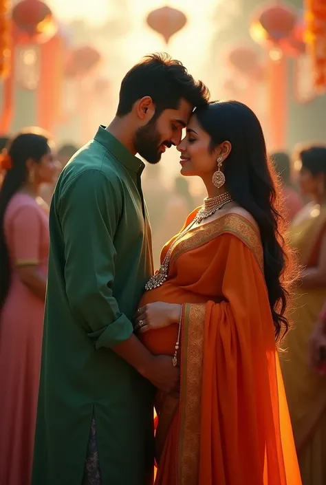 Young married pregnant hindu women in orange saree with jewellery  kissing Muslim guy in green on his forehead in Indian style baby shower function 