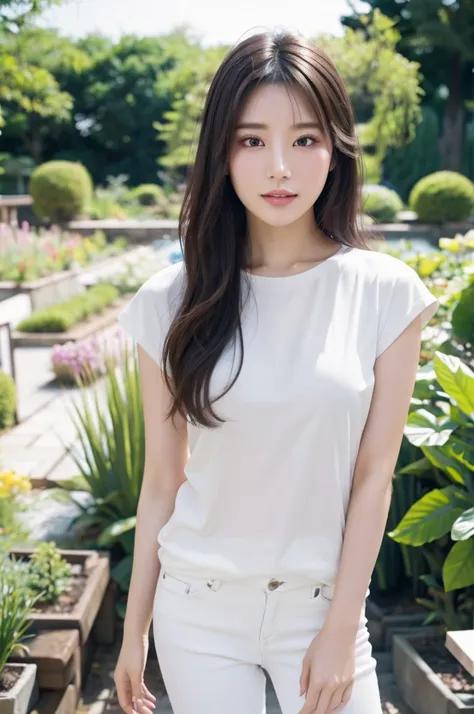 best quality, 8k, very delicate and beautiful, highly detailed face and skin texture, shiny skin, high resolution, sexy japanese girl in white t-shirt and denim pants walking in a garden, sharp focus