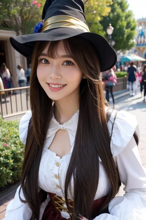 High resolution, Long Hair, bangs, Brown Hair、、Witch Cosplay Costume、smile, Disneyland、