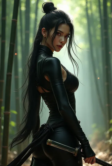 HDR, 8K, realistic, (masterpiece, best quality, beauty),uhd,  japanese female assassin, korean beauty like kim ji-won, karina from aespa, huge breast, wide hips, deep cleavage, her face and  full body visible, shining red eyes,, windblown hair, assassin su...