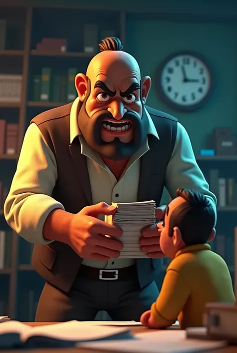 In cinematic 3d cartoon style A local moneylender or banker harshly speaking to Ram Lal. The atmosphere is tense, with Ram Lal looking helpless as the moneylender demands repayment.