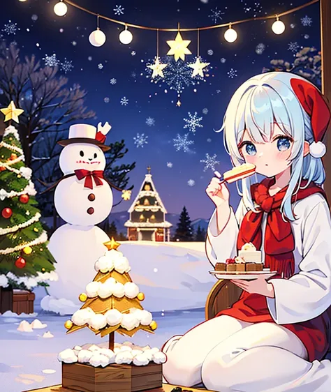 クリスマスの夜に金髪の馬たちとパーティーをしています⛄️　a white christmas with falling snow🎄　ケーキ🎂とクリスマスツリー🎄があります　i&#39;m riding a golden horse🐎　beautiful n...