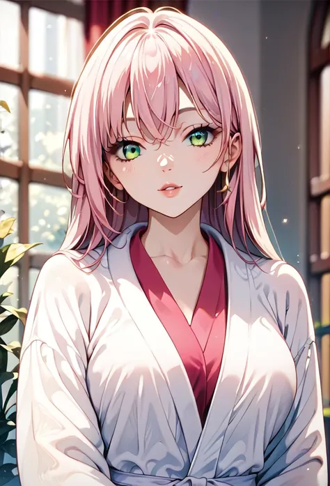 score_9, score_8_up, score_7_up, score_6_up, score_5_up, score_4_up, source_anime, 1 girl, pink hair, long straight hair, vibrant green eyes, upper body focus, white bathrobe