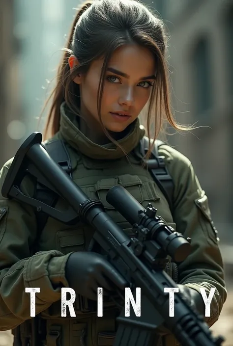 The words "Trinity" written in large letters at the bottom of the screen, A female soldier holding an M50 calibre machine gun, ((masterpiece, highest quality, Highest image quality, High resolution, photorealistic, Raw photo, 8K)), ((Extremely detailed CG ...