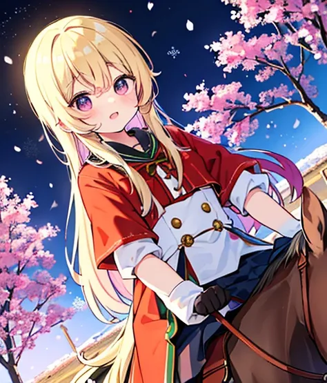 栗毛のhorseがいる🐎　Blonde woMetersan riding a horse　Riding a thoroughbred🐎　Surrounded by cherry blossoMeterss at night　T.Meters.  (UMetersa MusuMeterse),, Alone, boyish, Age 15,Orange Hair,Deep purple eyes,horse&#39;ear, horse tail,sMetersall crown,Long sleeve s...