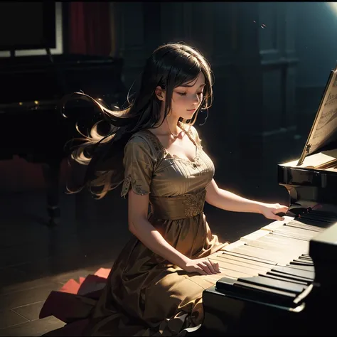 beautiful detailed girl, 1girl, piano player, playing piano, eyes closed, Pleasant expression, Feels good, (Musical staves and notes appear flowing on the screen, Lively and colorful music notes and staves), elegant A-line Dress, Piano Competition, A piano...