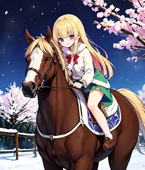 彼女は金色のhorseと仲良くしています🐴there is a chestnut horse🐎　blonde wometersan riding a horse　riding a thoroughbred🐎　surrounded by cherry blo...