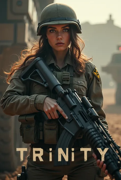 The words "Trinity" written in large letters at the bottom of the screen, A female soldier holding an a machine gun mounted on hammer truck ((masterpiece, highest quality, Highest image quality, High resolution, photorealistic, Raw photo, 8K)), ((Extremely...