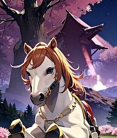 彼女は金色のhorseと仲良くしています🐴There is a chestnut horse🐎　Blonde woMetersan riding a horse　Riding a thoroughbred🐎　Surrounded by cherry blossoMeterss at night　T.Meters.  (UMetersa MusuMeterse),, Alone, boyish, Age 15,Orange Hair,Deep purple eyes,horse&#39;ear, horse ...