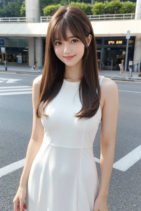 High resolution, Long Hair, bangs, Brown Hair、、Young lady、smile, Adult women、In front of the Skytree、White one-piece dress、