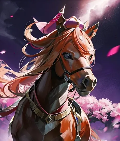 There is a chestnut horse🐎　Blonde woMetersan riding a horse　Riding a thoroughbred🐎　Surrounded by cherry blossoMeterss at night　T.Meters.  (UMetersa MusuMeterse),, Alone, boyish, Age 15,Orange Hair,Deep purple eyes,Horse&#39;s ears, Horse tail,sMetersall cr...