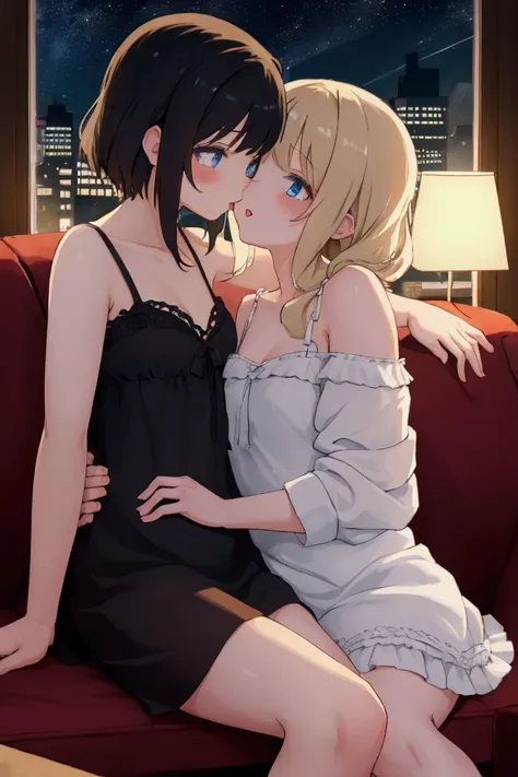 Two Girls Kissing on a Couch at Night