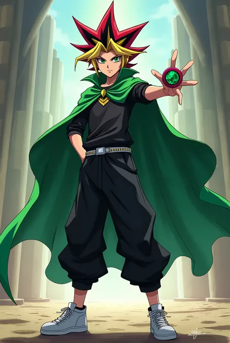 (Yu-Gi-Oh Style) boy red hair emerald eyes black long sleeve shirt black baggy pants white shoes a green cape extending his arm taking out his duel disk a smile determined to win 